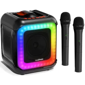 MASINGO Karaoke Machine with 2 Wireless Bluetooth Microphones, PA Speaker Toy for Girls and Boys with Colorful LED Lights, Supports TF Card/USB, TWS for Home Party, Compact, Rechargeable, Audio Streaming Device with Smartphone Compatibility - Bicanto C7