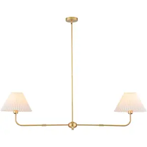 55" Modern Linear Gold Chandelier 2-Lights Dining Light Fixture with White Fabric Shade for Kitchen Island Restaurant Living Room