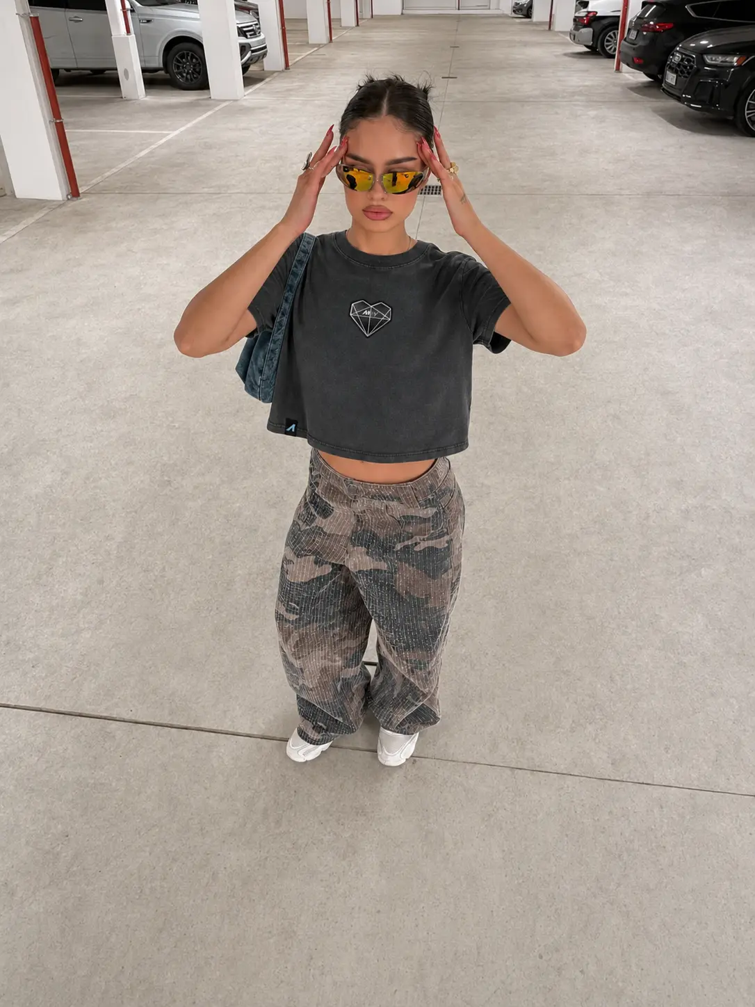 Wo's "Prism Heart" Patched Stone Wash Heavy Crop (Black)
