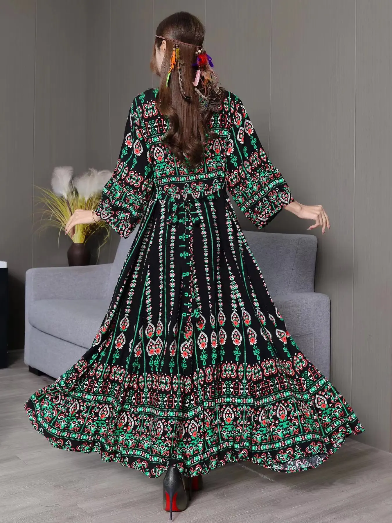 Women's Boho Long Dress, Long Sleeve Loose Fit All-Season H-Type Design,  Belted & Printed Pattern, Perfect for Casual Wear Everyday Bohemian Style -  TikTok Shop