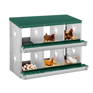 6 Holes Chicken Nesting Box, Heavy Duty Galvanized Steel Metal Laying Boxes with 10 Pads & 4 Fake Eggs, Roll Away Nesting Box Egg Collection Tray, with Roosting Pole for Chicken Coop, Green