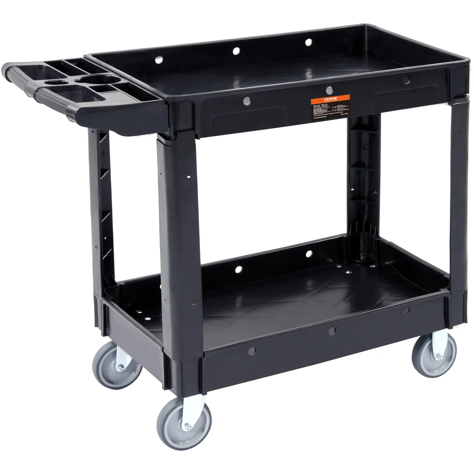 VEVOR Durable Sturdy Organiser Rack, 2-Shelf 550LBS Heavy-Duty Synthetic Polypropylene Rolling Utility Cart, 360° Swivel Transport Wheels, Medium Lipped Shelf, Ergonomic Handle for Warehouse/Garage, Durable Sturdy Rack