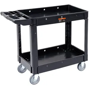 VEVOR Utility Service Cart, 2 Shelf 550LBS Heavy Duty Plastic Rolling Utility Cart with 360° Swivel Wheels, Medium Lipped Shelf, Ergonomic Storage Handle for Warehouse/Garage/Cleaning/Office