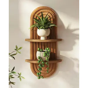 Boho Wall Decor Brown Plant Wall Shelf, Mid Century Modern Decor Hanging Plant Shelf, 2-Tier Wooden Floating Shelves for Home, Bathroom Bedroom Living Room, Office Holding Planter Decoration,Suitable for Giving to Friends