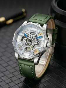 Men's Silver Color Mechanical Watch, Leather Strap, Night Light, Luminous Dial, Elegant Round Face, All Seasons, Business & Casual