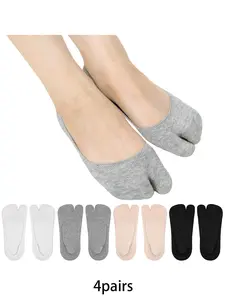 4pairs simple, Soft and comfortable thumb boat socks with silicone anti slip design at the heel, suitable for women's sports and shopping wear