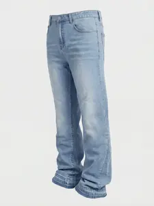 Men's American high-street style slim-fit flared jeans, made of slim and stretchy fabric, feature three-dimensional vintage whiskering technology paired with frayed hem design, creating a simple yet layered street look.