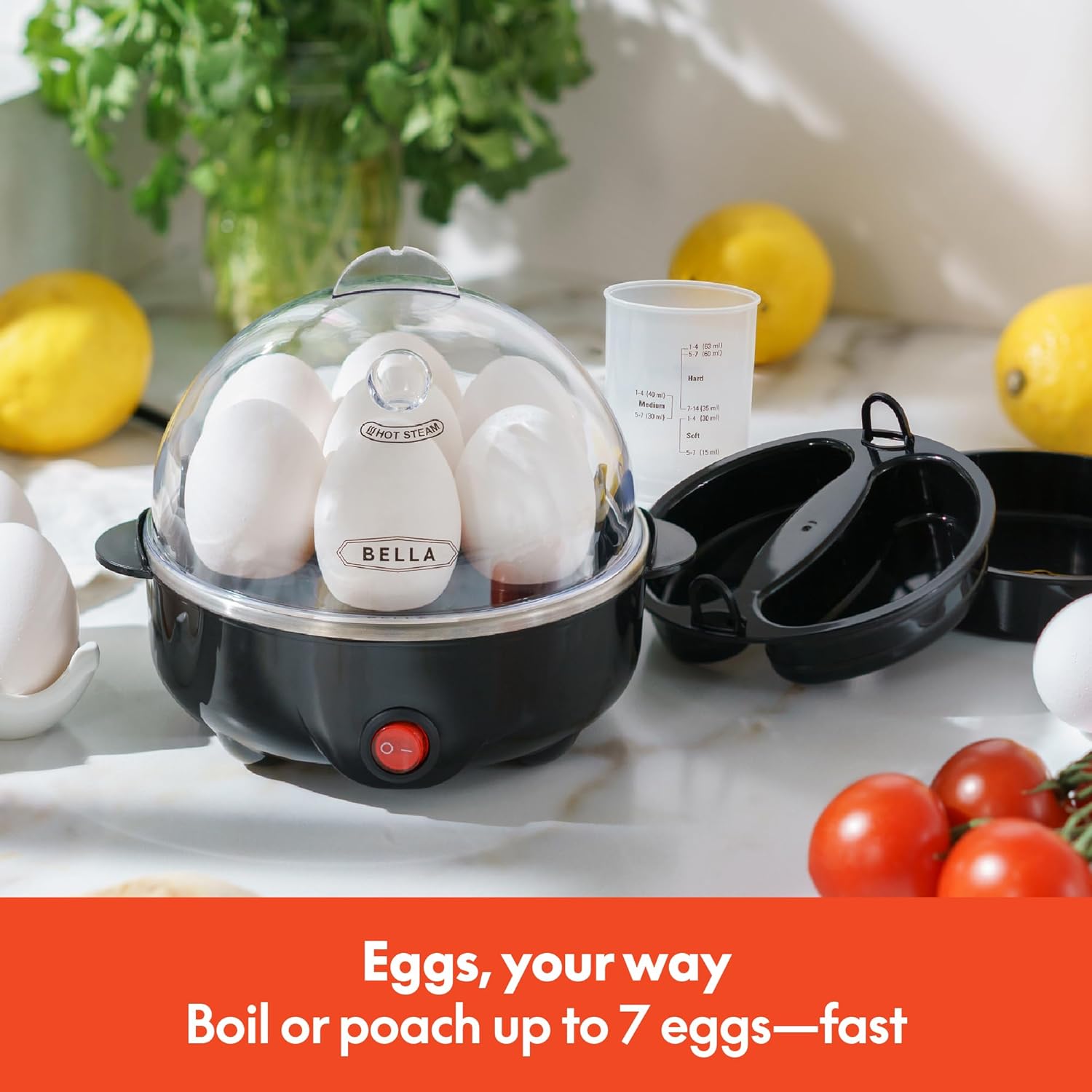 Egg Cooker, Rapid Boiler & Poacher, Meal Prep Essential, Family Sized Meals: Make Up To 7 Large Boiled Eggs, Dishwasher Safe Lid with Cool-Touch Handles, Poaching Tray Included, Black