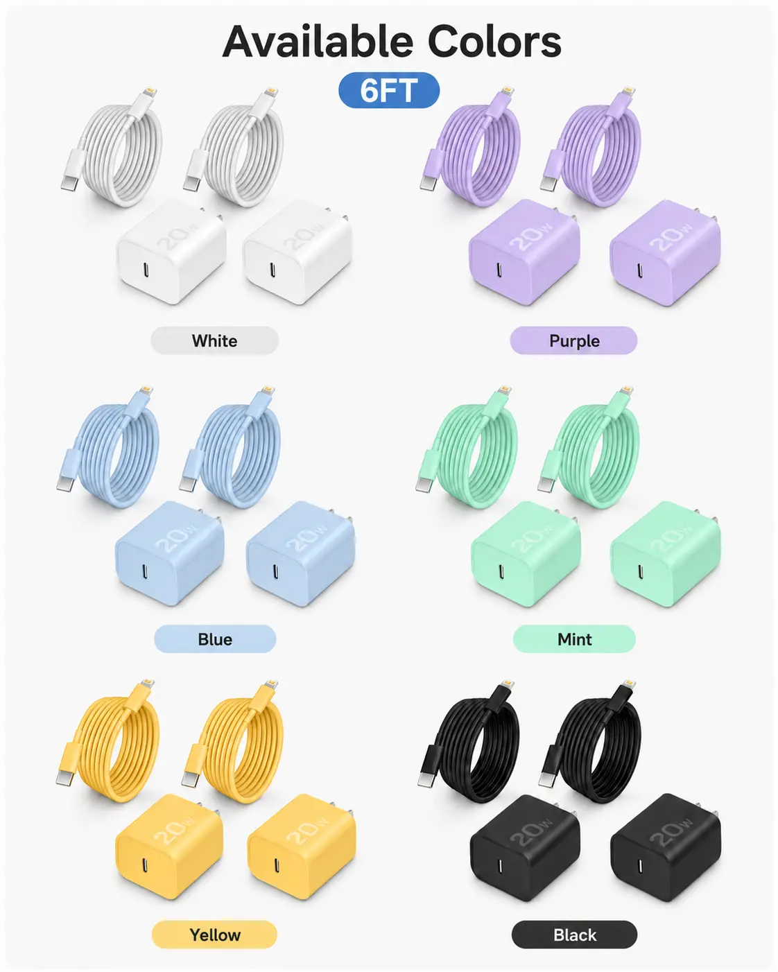 2-Pack 6FT iPhone Multi-Color Lighting Electronic Mobile Charger Cable, 20W Fast Charging Device, Charger Compatible with iPhone 14/13/12/11/XR/XS Max/8/7/6/5, iPad & AirPods Cellphone Protection