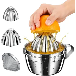 Stainless Steel Manual Citrus Juicer -  Orange Grapefruit Squeezer with 2 Detachable Cones, 14oz Bowl & Slot Strainer, 304 Heavy Duty Hand Press Juicer for  Juice
