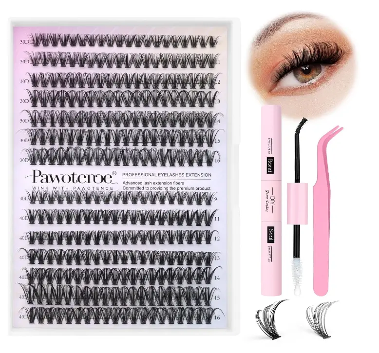 Pawotence Lash Extension Kit DIY 280pcs Lash Clusters Eyelash Extension Kit, 9-16mm 30D 40D Individual Lashes Kit with Lash Bond and Seal, Lash Tweezers for Self Use (30D&40D, 0.07D, 9-16mm, Kit)