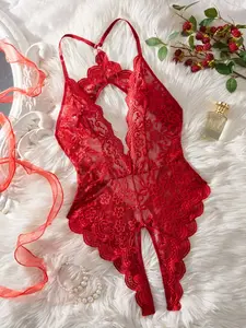 Women's Colorblock Lace Crisscross Cut Out Fitted Jumpsuit, Heart Button, Unique Semi-Transparent Design, Deep V Backless, Sexy Underwear, Strappy Lingerie, Breathable Womenswear