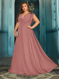 Plus Size Dusty Rose Chiffon Bridesmaid Dress Drop Shoulder Cowl Neck Formal Evening Gown