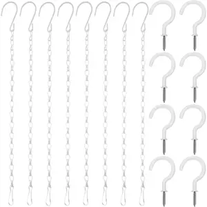 8 count Metal Hanging Basket Chains with 8 count Ceiling Hooks for Bird Feeders, Planters, Lanterns, Wind Chimes, Billboards, Chalkboards and More (White,16.38 Inch)