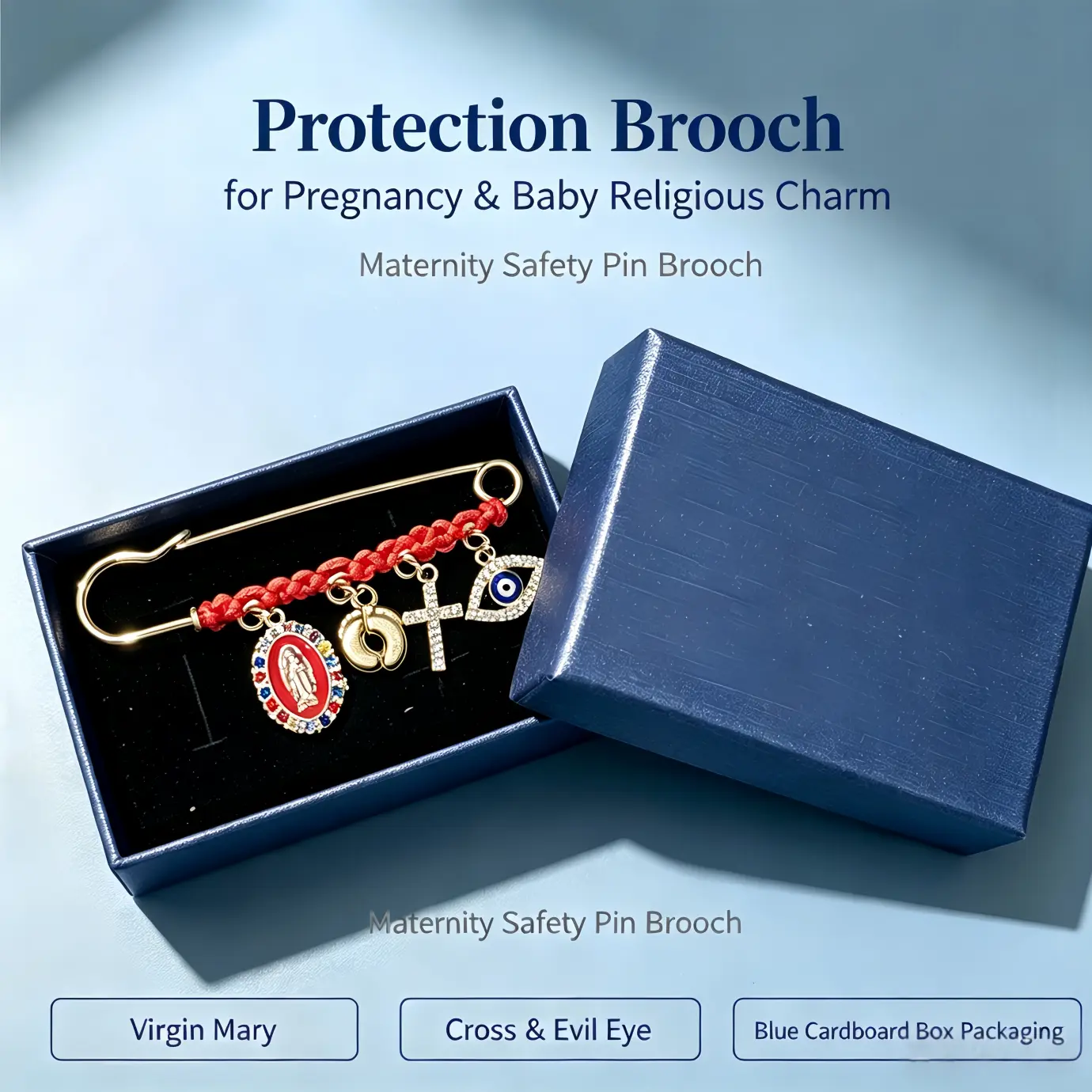 Lunamira Protection Brooch for Pregnancy & Baby Religious Charm Maternity Safety Pin Brooch – Virgin Mary, Cross & Evil Eye Belly Jewelry Pin