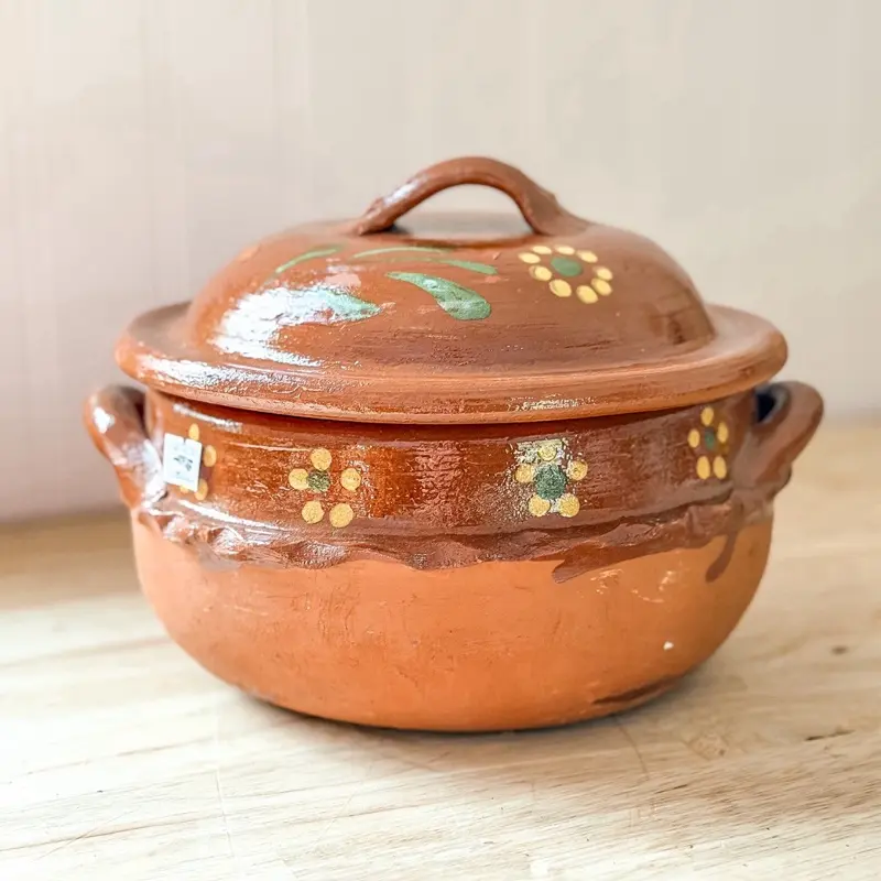 Handmade Round Rustic Lead-Free Natural Clay Ceramic Cazuela Pot with Lid - Traditional Mexican Kitchenware, Unique Piece for Stew, Serving, Baking, Displaying