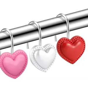 12 Pieces Heart Shaped Shower Curtain Hooks, Decorative Valentines Day Curtain Hooks,Stainless Steel Rust Resistant Curtain Rings, Red, Pink, White