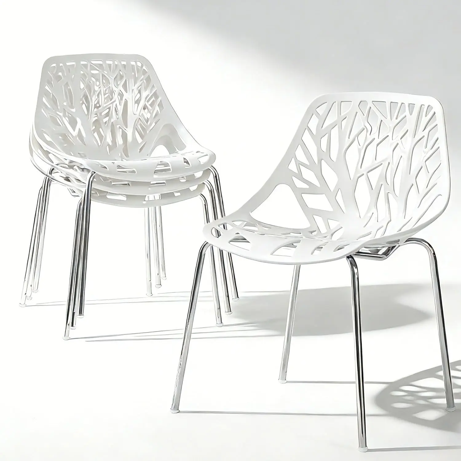 Karl Home 4-Pack Mid-Century Modern Armless Dining Chairs, Stackable Plastic Chairs with Bird’s Nest Trunk Print, 350lbs Load Capacity (White) for Kitchen, Dining Room, Get-Togethers