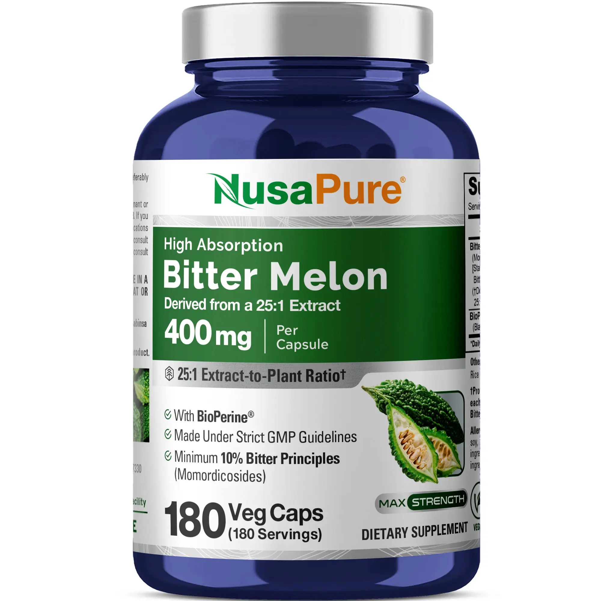 NusaPure Bitter Melon Blood Sugar Support Dietary Supplement - 400mg, 180 Vegan Capsules, 10% Bitter Principles, Bioperine®, 25:1 Extract Ratio, cGMP-Certified, GMO-Free, Gluten-Free, Adult-Focused Plant-Based Botanical Extract Capsules with Antioxidants