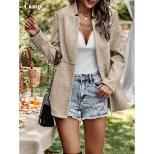 Mina Self 2026 Spring Women's Herringbone Tweed Blazer Jacket - Long Fully Lined Open Front Work Office Coat with Pockets