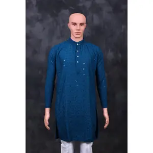 Blue Men's Lakhnavi Kurta with Embroidery & Resham