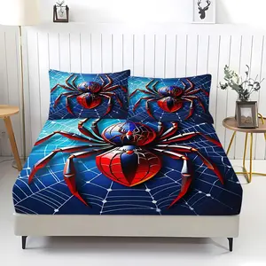 3Pcs Spider-Themed Fitted Sheet Set Trendy Spider Print, Snug Fit Without Shifting, Breathable and Skin-Friendly Fabric, Suitable for All Seasons, Perfect for A Personalized Bedroom, Apartment, or Dormitory Bedding Set.