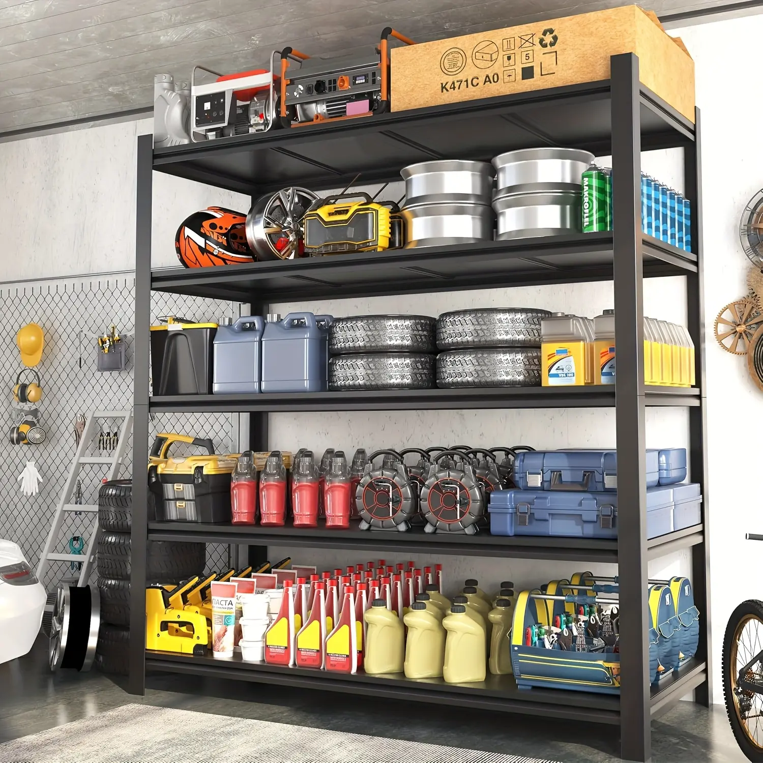 5-Tier Heavy Duty Adjustable Metal Garage Storage Shelving Rack - Easy Installation, Expandable Industrial Organizer for Heavy Tools & Equipment, Black Shelf for Garage, Basement