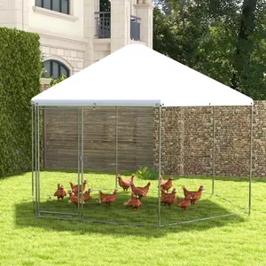[Costway] Large Metal Chicken Coop, Walk-in Chicken Run for 10-30 Chickens, Hexagonal Chicken Pen with Heavy Duty Steel Frame, Chicken Runs for Yard with Cover