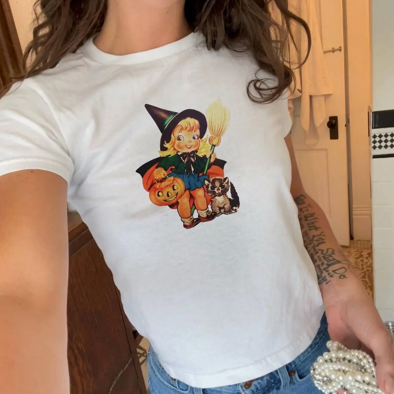Cute Vintage Witch Halloween Micro Rib Baby Tee | 90s Nostalgic Graphic Tee | Retro Witchy Tshirt | Brandy Inspired Fall Micro Rib Baby Tee
