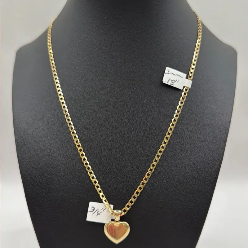 Solid Shine Cut Chain with 10k Gold Heart charm Size 18" , 3mm Thickness