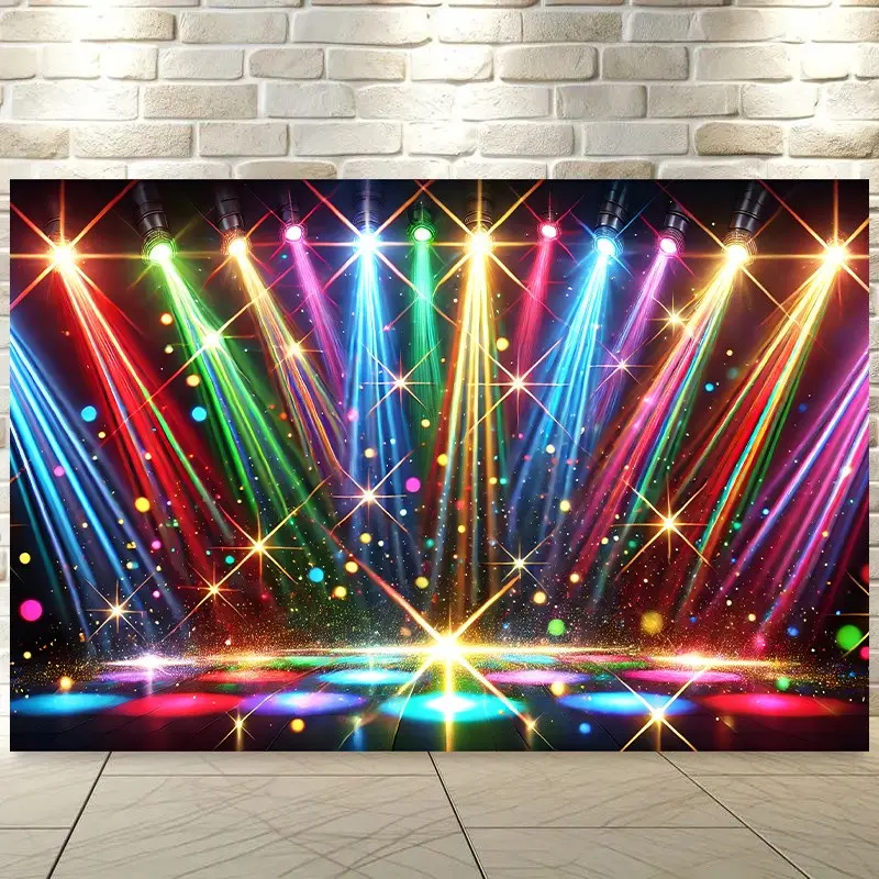 1pc Stage Lights Backdrop Banner, Photoshoot Backdrops, Party Backdrop Decoration, Colorful Polyester Photography Background Cloth Indoor Backdrops with Dynamic Lighting Effects for Wedding Party Decor & Studio Props, Versatile Indoor/ Outdoor Use