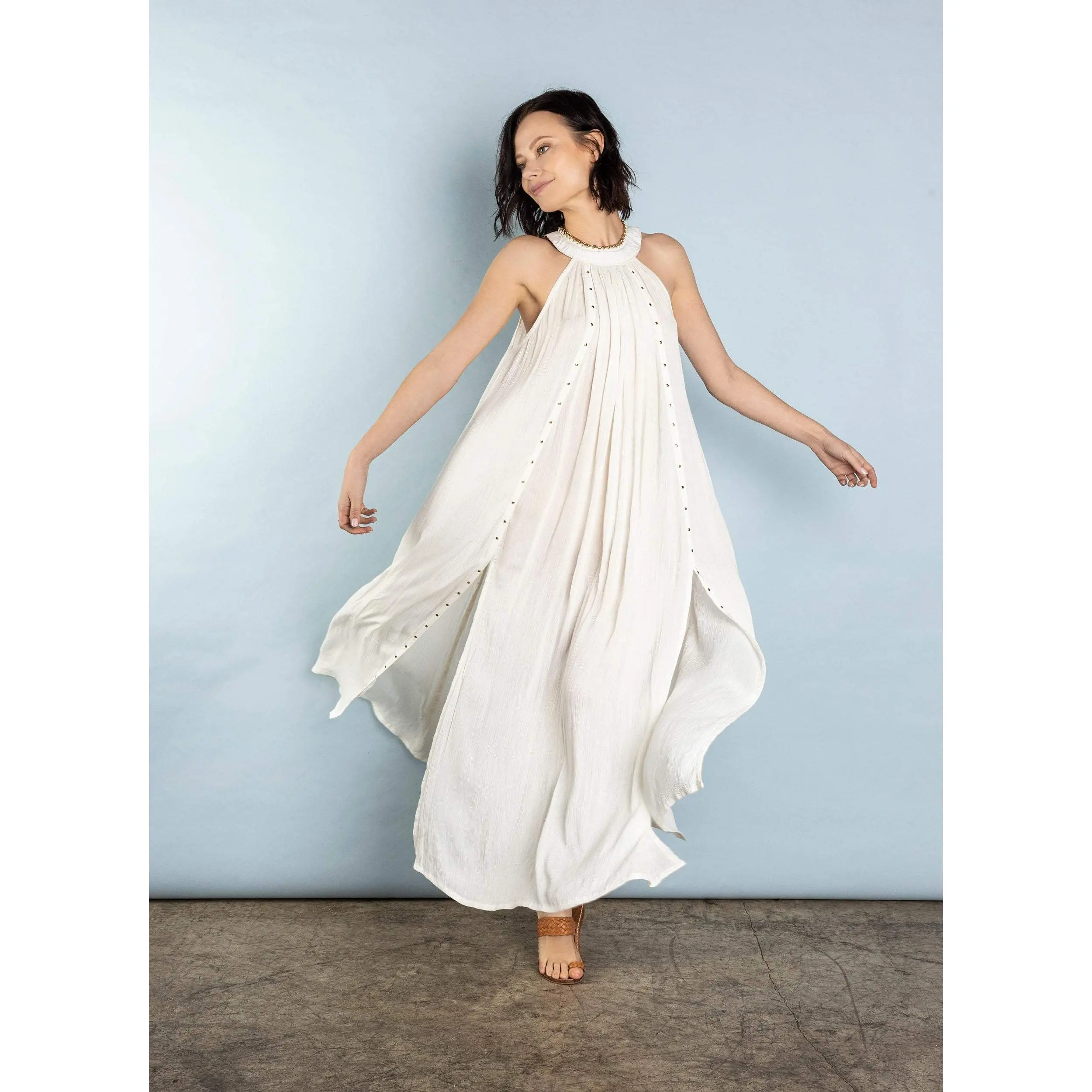 Hermosa Maxi Dress in White Crinkle rayon with chunky gold chain and stud  details - TikTok Shop