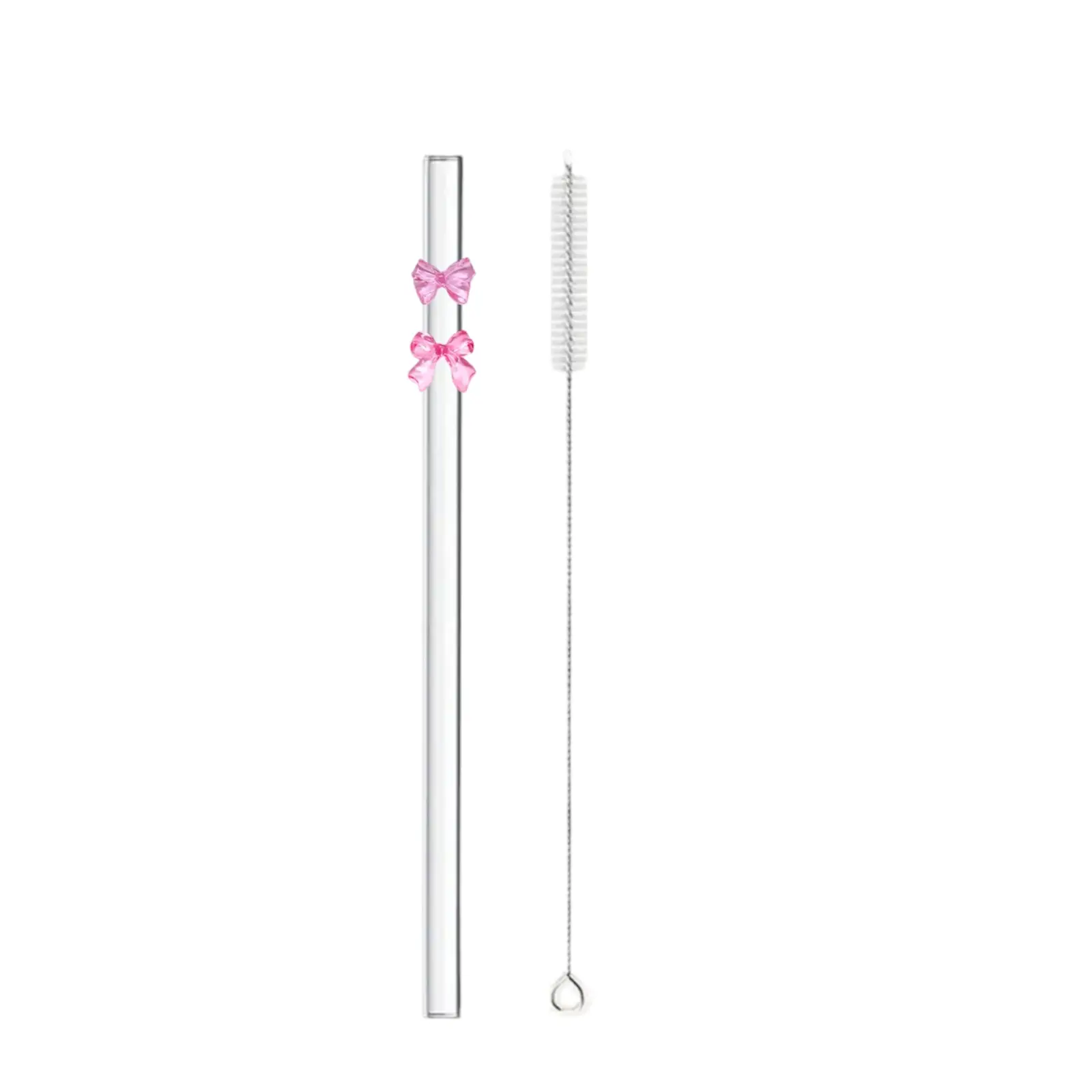 KesC & Co. Reusable glass straws  for 16oz drinks - pink bow, butterfly, strawberry design, drink ware accessory, aesthetic, cleaning brush included