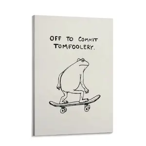 Xianyojafa Frog Poster, Quote Off To Commit Tomfoolery Canvas Wall Art, Cool Skateboard Frog Print, Funny Animal Posters for Room Aesthetic 24x  36  poster bedroom wall art print white canvas posters  room  decor home decor picture wooden frame