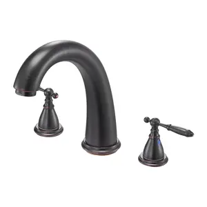 Roman Tub Faucet With Gooseneck Spout, 3-Hole Deck Mount Waterfall Bathtub Faucet Set, Two Handles, Bronze Finish, Temperature Control, Suitable For Pet Washing And Adult Bathing, Durable Bathroom Fixture