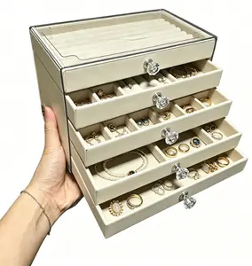 Stackable Acrylic Jewelry Organizer 5 Drawers, Velvet Jewelry Box for Women, Earring Ring Necklace Display Storage Case, Luxury Makeup Vanity Accessory Holder, Large Capacity Travel Jewelry Storage Chest