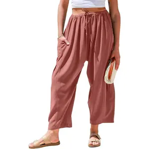 Womens Linen Wide Leg Pants Casual Loose Drawstring Summer Beach Travel Vacation Palazzo Harem Pants with Pockets