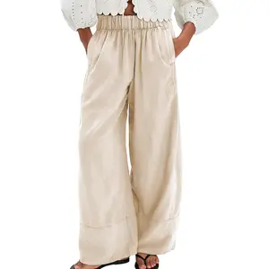 Songling Linen Pants for Women Cotton Baggy Boho Casual Palazzo Pants Wide Leg Long Lounge Trousers with Pockets Summer Womenswear Apricot Basic Minimalist Bottoms Wideleg