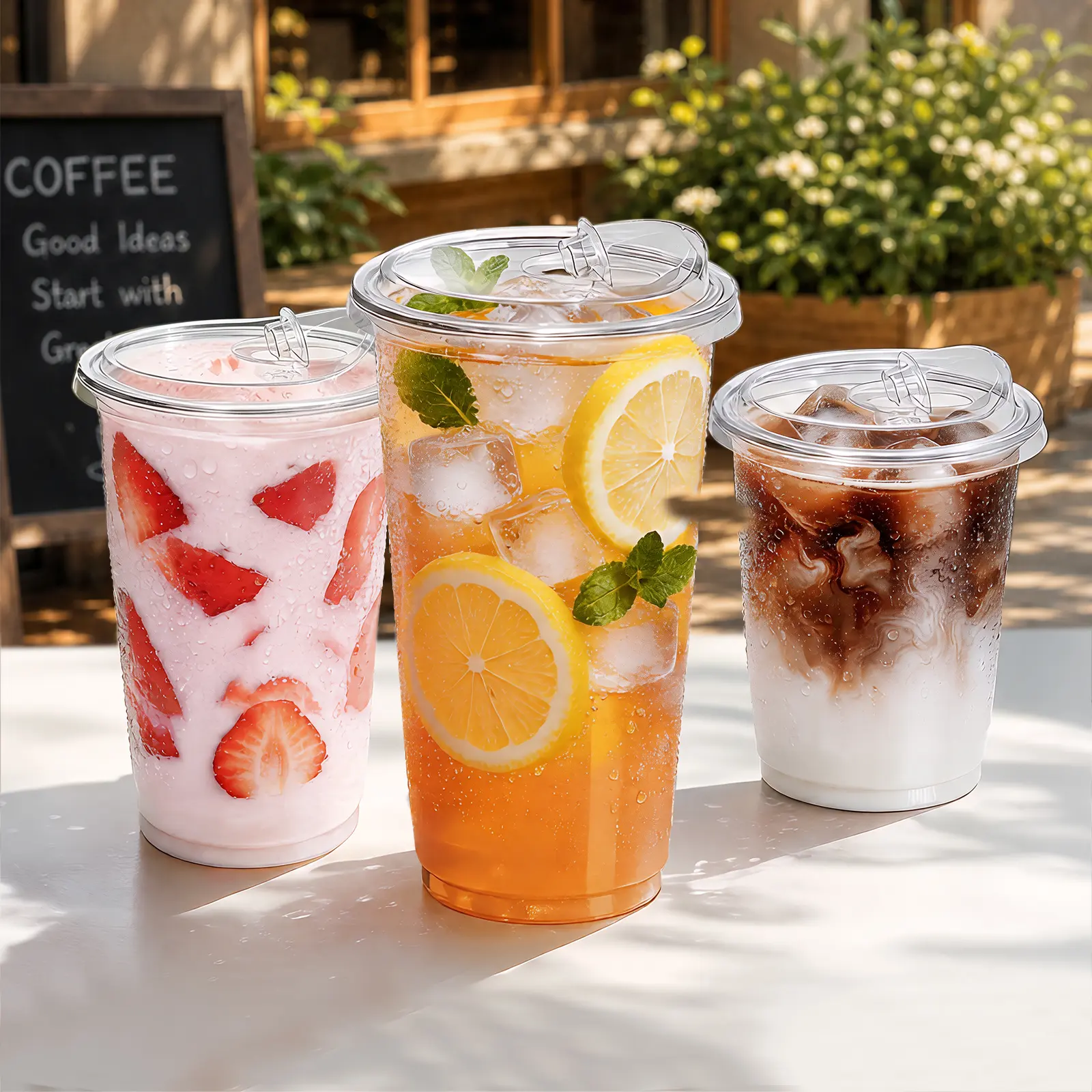 Fit Meal Prep Clear Coffee Cups with Strawless Lids, Leak Resistant Beverage Cups for Iced Coffee, Smoothies & Cold Drinks, Spill Proof To-Go Cups 16/20/24 oz