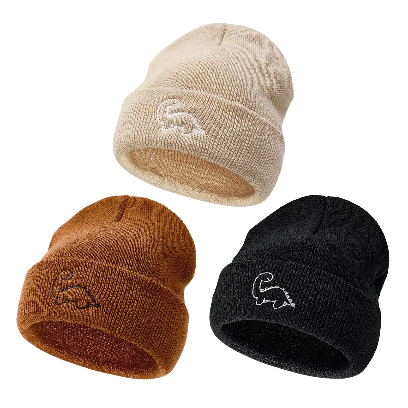 Kids' 3-Pack Unisex Infant Beanie - Cute Dinosaur Pattern, Flapped Rims, Enhanced Warmth Winter Hats for Preemies 0-3 Years (Great for Birthdays), Dinosaurs, Great Gift, Beanies, Newborn Beanie