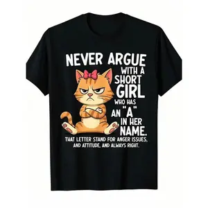 2026 Men's Angry Cartoon Cat Graphic Short-Sleeve Round Neck T-Shirt, Funny Quote Black Streetwear Top for Cat Lovers, Casual Crewneck, Soft Breathable Fabric, Machine Washable