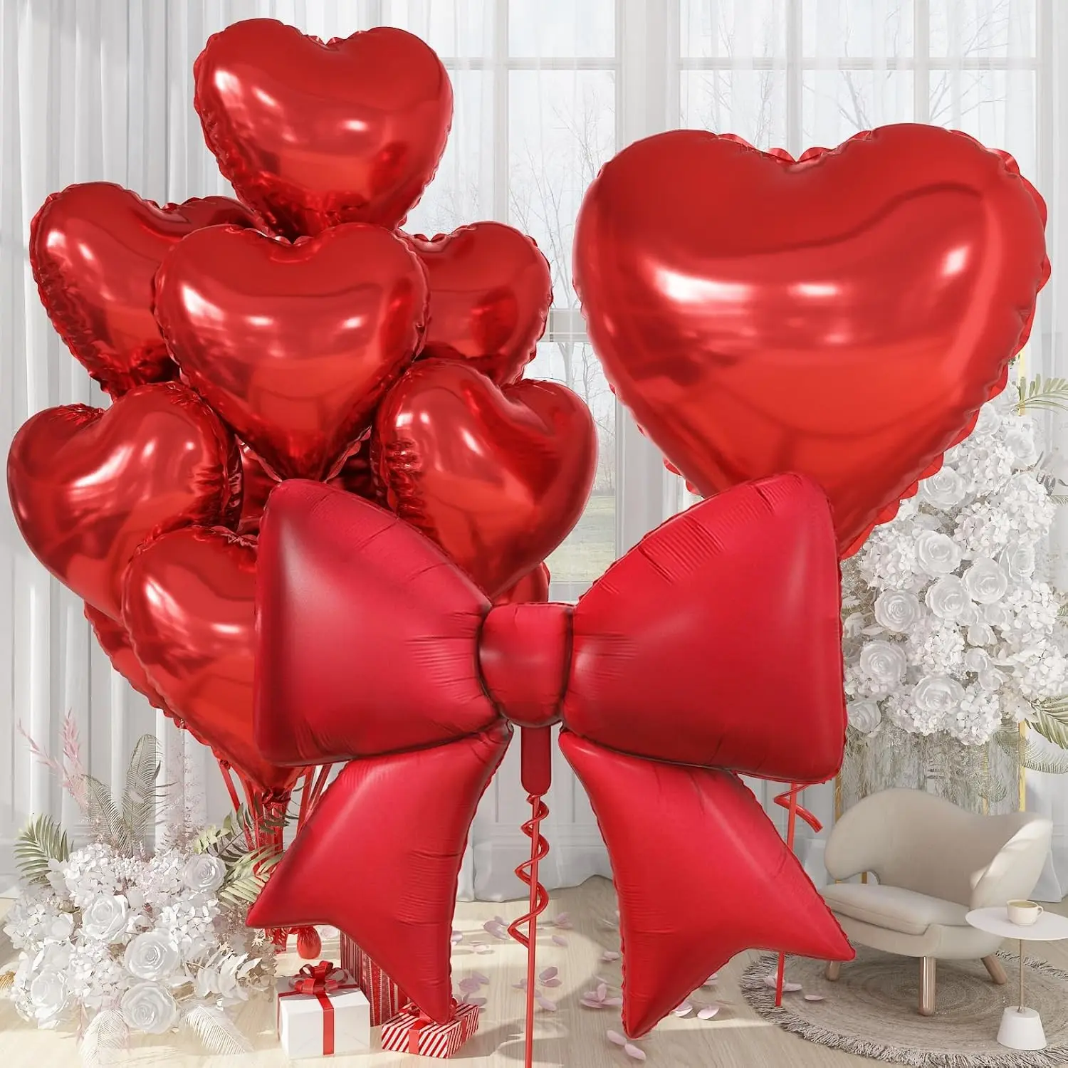 32 Inch Heart Balloons, Large Bow Foil Balloons, 38" Giant Matte Bow-Knot Balloon, 18" Metallic Heart Shape Helium Balloon Set, Valentines Balloons, Birthday Balloons, Balloon Decorations, Party Balloons