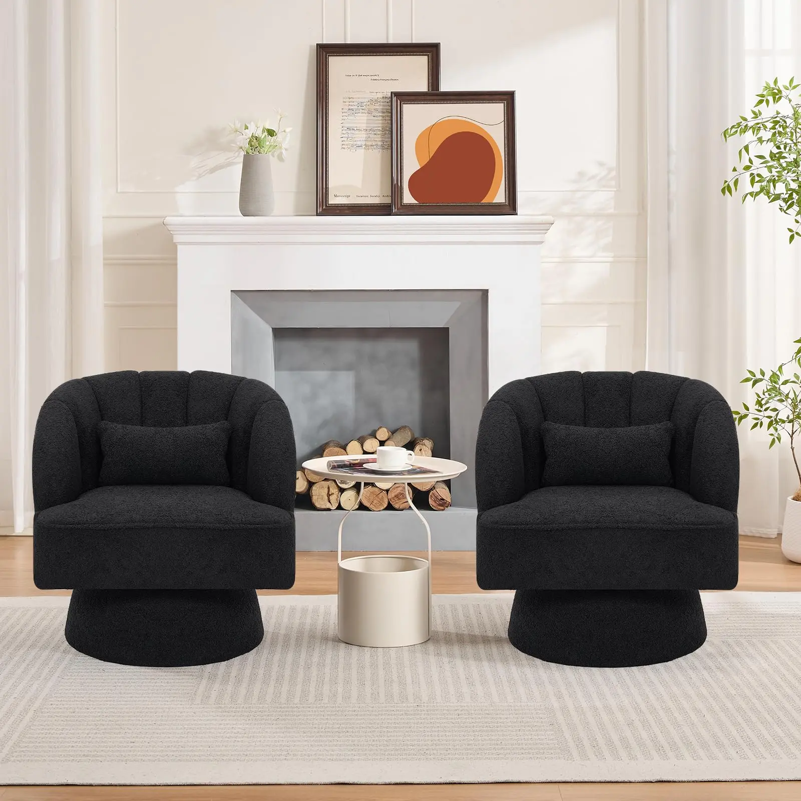 Garvee 2-Pcs Tool-Free Midcentury Modern Swivel Barrel Chairs - Teddy Bear Velvet Upholstered Armchairs with Striped Backrests, Fully Padded Rolling Seats for Living Room, Bedroom, Comfy Reading Chair