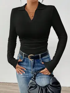 Women's Casual Slim Fit Side Ruched Polo Neck T-Shirt, Comfortable Home Wear, Suitable for Autumn & Winter, Youth Fashion