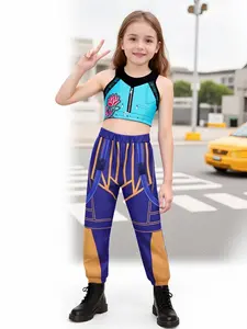 2-Piece K-Pop Zoey Cool Girls Vest and Long Pants Costume Set, Starfire Costume, Trendy Halloween for Girls, All Seasons Fitted Cartoon Apparel
