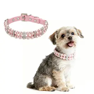 PETAXCELL Pearl Dog Collar, Bling Pearl Cat Collar Fancy Crystal Rhinestone Luxury Beaded Pet Cute Wedding Necklace Gift Diamond, (Pink, L), Intended for Teacup /Puppies/Kitten/Small Pet