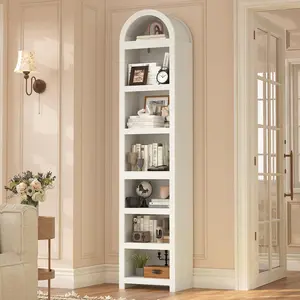 76" Tall Narrow Arched Bookshelf, 7-Tier Modern Bookshelf, Space-Saving Slim Storage Cabinet with Adjustable Shelves for Living Room,Kitchen,Home Office, White