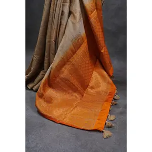 Beige Color Chanderi Silk Saree With Contrast Orange Color Blouse