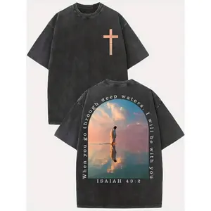Cross and Isaiah scripture pattern design 230g washed cotton T-shirt, vintage street style double-sided printed pattern men's T-shirt, summer distressed style with dropped shoulders, y2k, vintage, street style, unisex,summervibes
