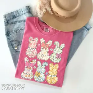 Comfort Colors Coquette Easter Bunny Floral Tshirt, Easter Bunny Tee, Coquette Easter T-shirt, Girly Easter Kids Bow, Retro Easter Tee, Spring Floral Bunny T-shirt - HARSIN